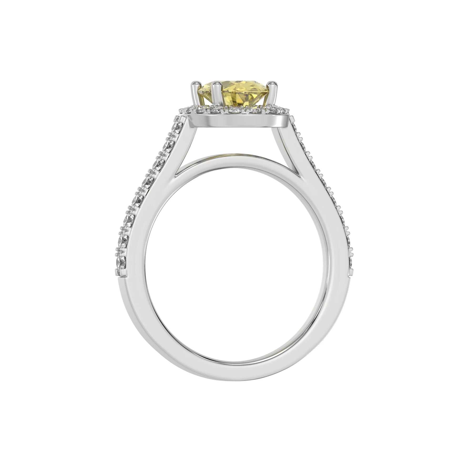 This white gold Oval Diamond Halo Engagement Ring is made with a fancy yellow oval solitaire diamond set in a four-prong setting, surrounded by a halo of round diamonds all set on a pave band in through finger view