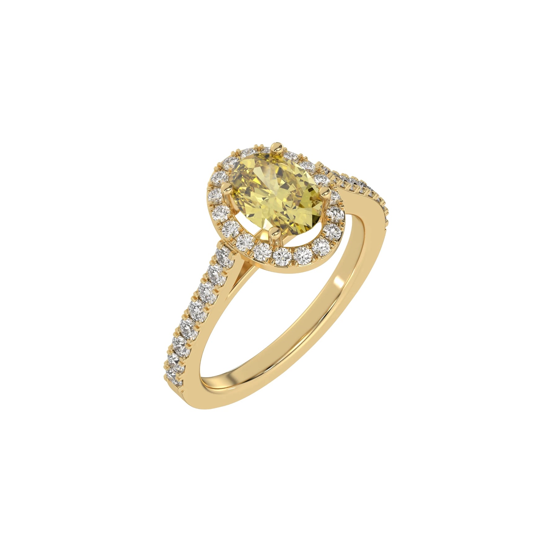 This yellow gold Oval Diamond Halo Engagement Ring is made with a fancy yellow oval solitaire diamond set in a four-prong setting, surrounded by a halo of round diamonds all set on a pave band in 3D view