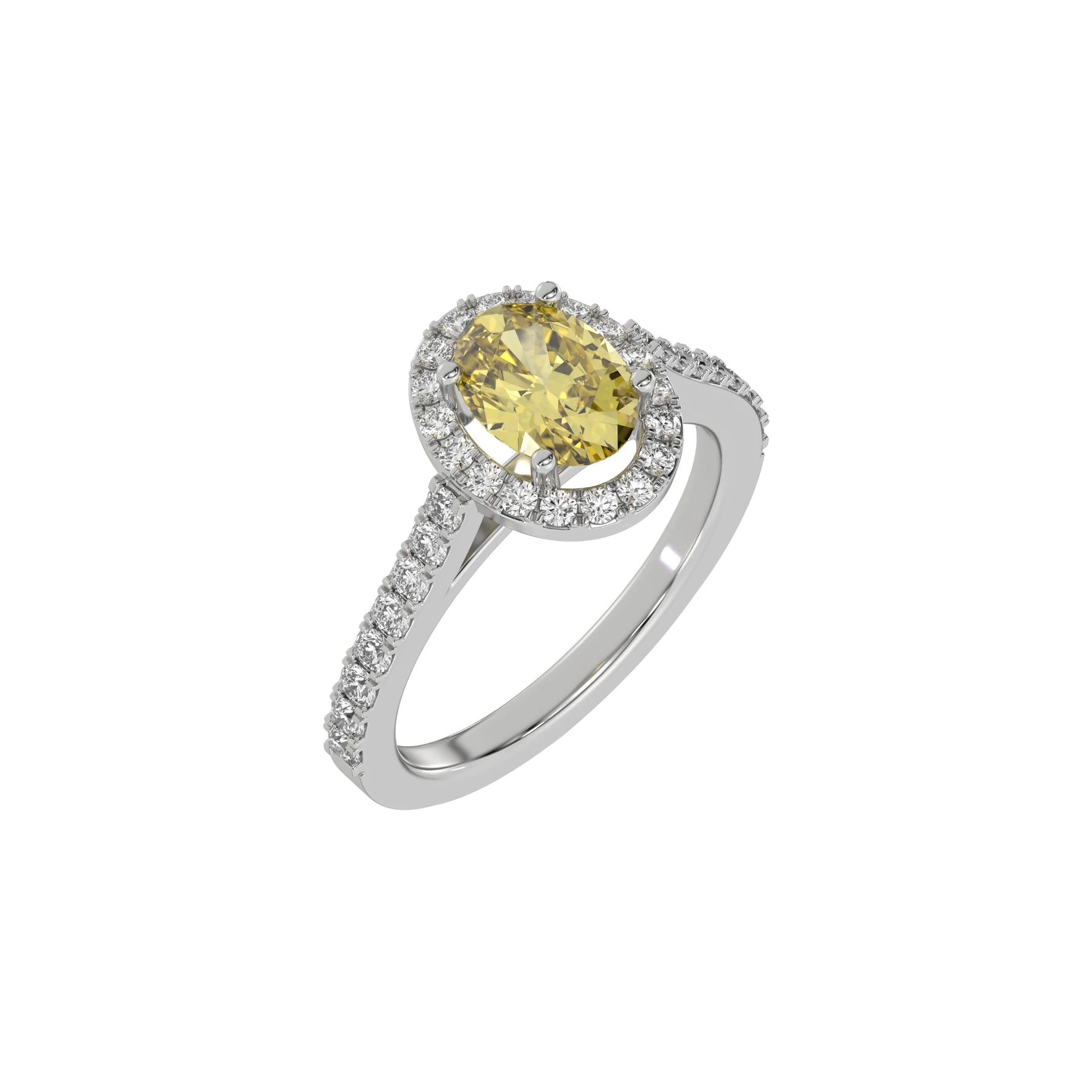 This white gold Oval Diamond Halo Engagement Ring is made with a fancy yellow oval solitaire diamond set in a four-prong setting, surrounded by a halo of round diamonds all set on a pave band in 3D view