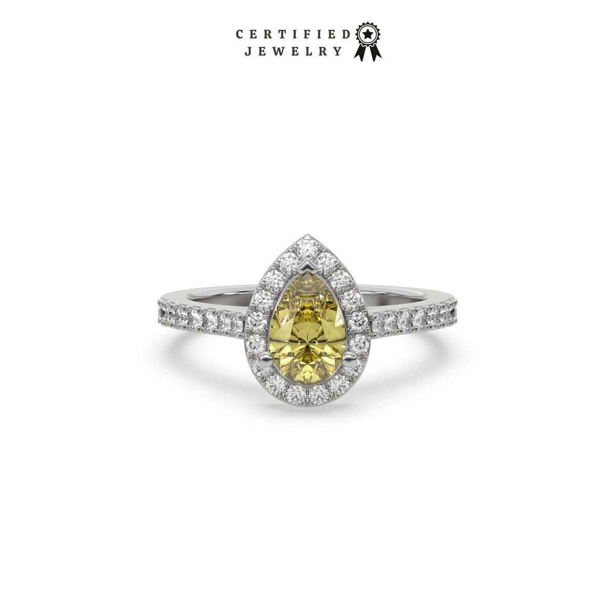 This white gold ring displayed in front view is made with a pear solitaire diamond set in four-prong setting