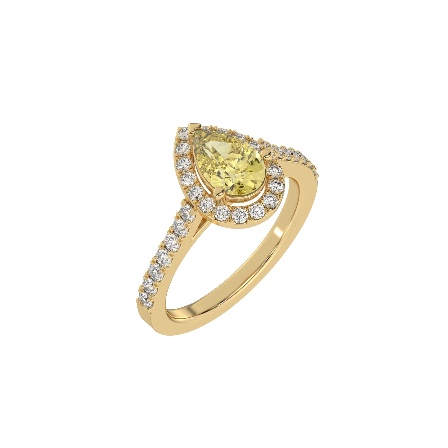 This yellow gold Pear Diamond Halo Engagement Ring is made with a fancy yellow pear solitaire diamond set in a four-prong setting in 3D view