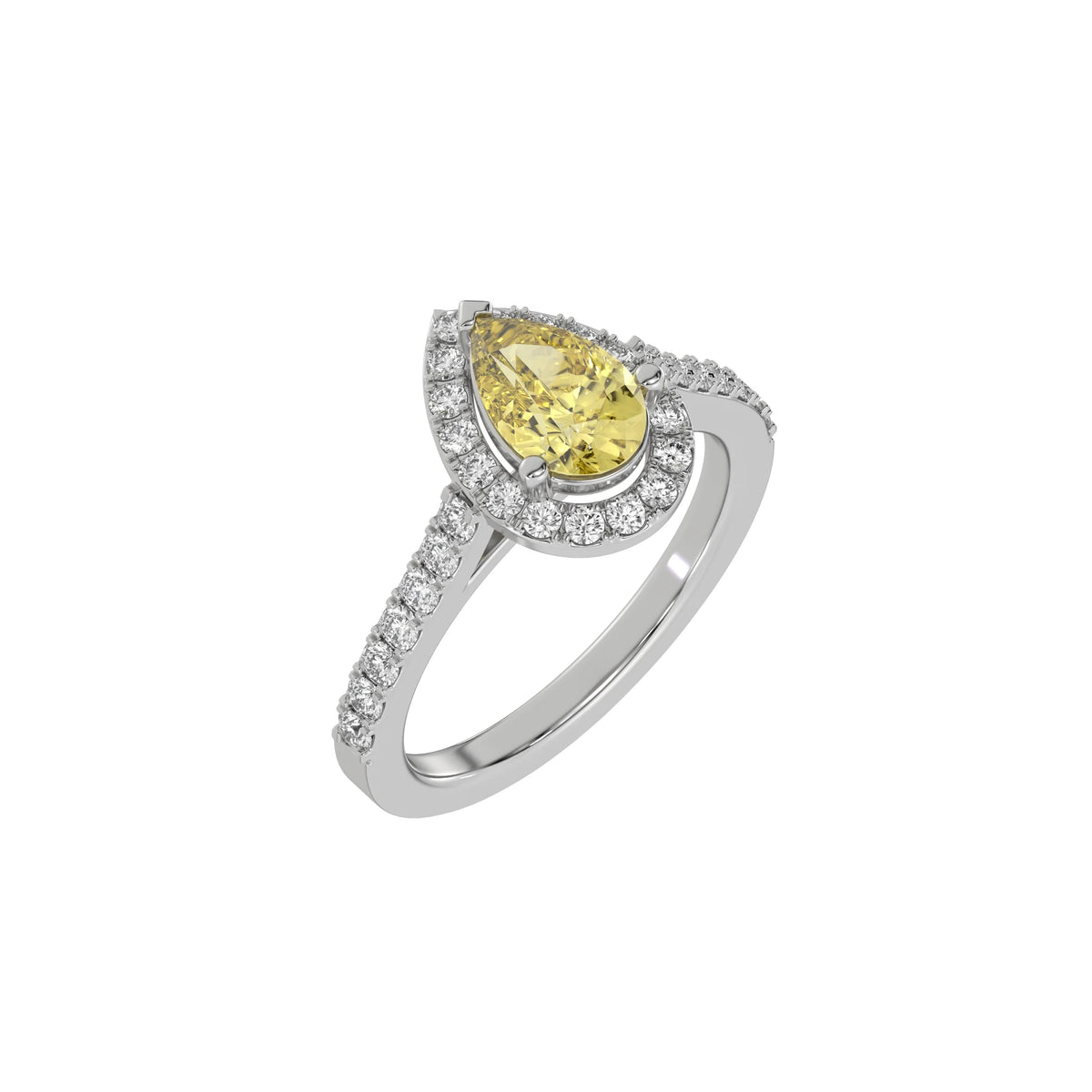 This white gold Pear Diamond Halo Engagement Ring is made with a fancy yellow pear solitaire diamond set in a four-prong setting in 3D view