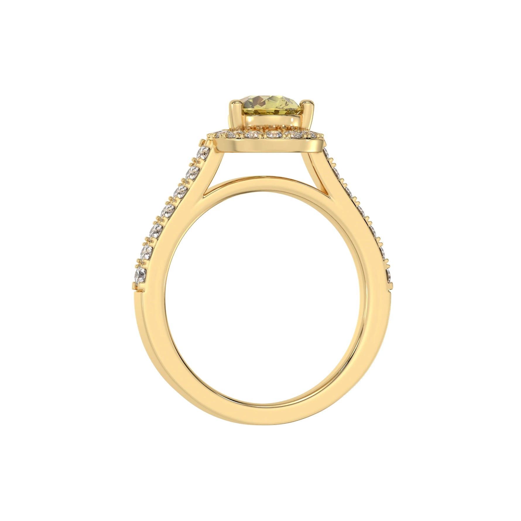 This yellow gold Pear Diamond Halo Engagement Ring is made with a fancy yellow pear solitaire diamond set in a four-prong setting in through finger view