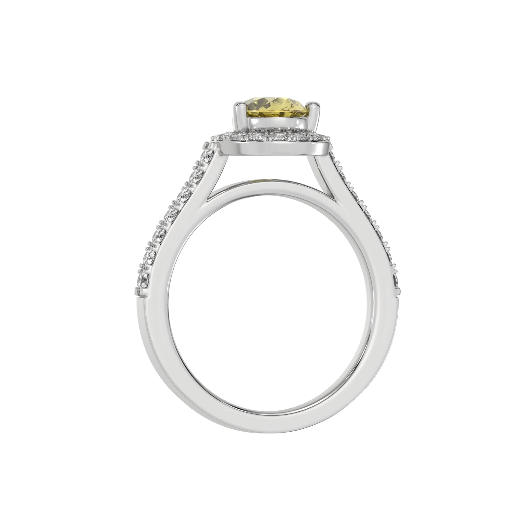 This white gold Pear Diamond Halo Engagement Ring is made with a fancy yellow pear solitaire diamond set in a four-prong setting in through finger view