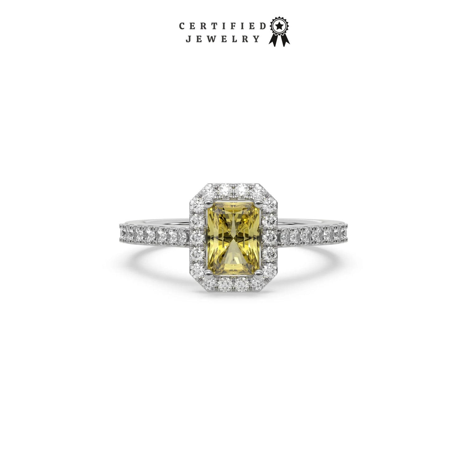 This white gold ring displayed in front view is made with a radiant solitaire diamond set in four-prong setting