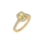 This yellow gold Radiant Diamond Halo Engagement Ring is made with a fancy yellow radiant solitaire diamond set in a four-prong setting in 3D view