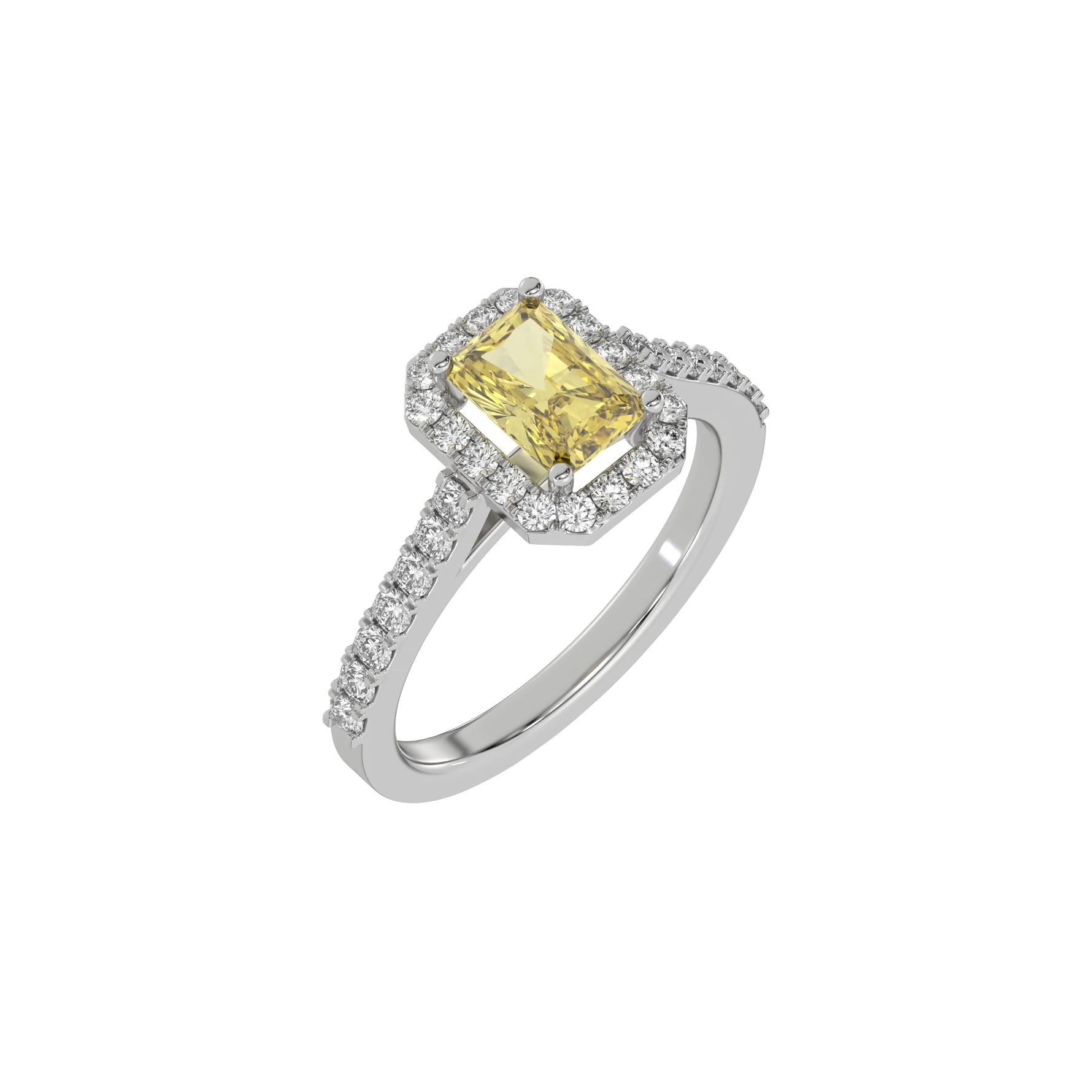 This white gold Radiant Diamond Halo Engagement Ring is made with a fancy yellow radiant solitaire diamond set in a four-prong setting in 3D view