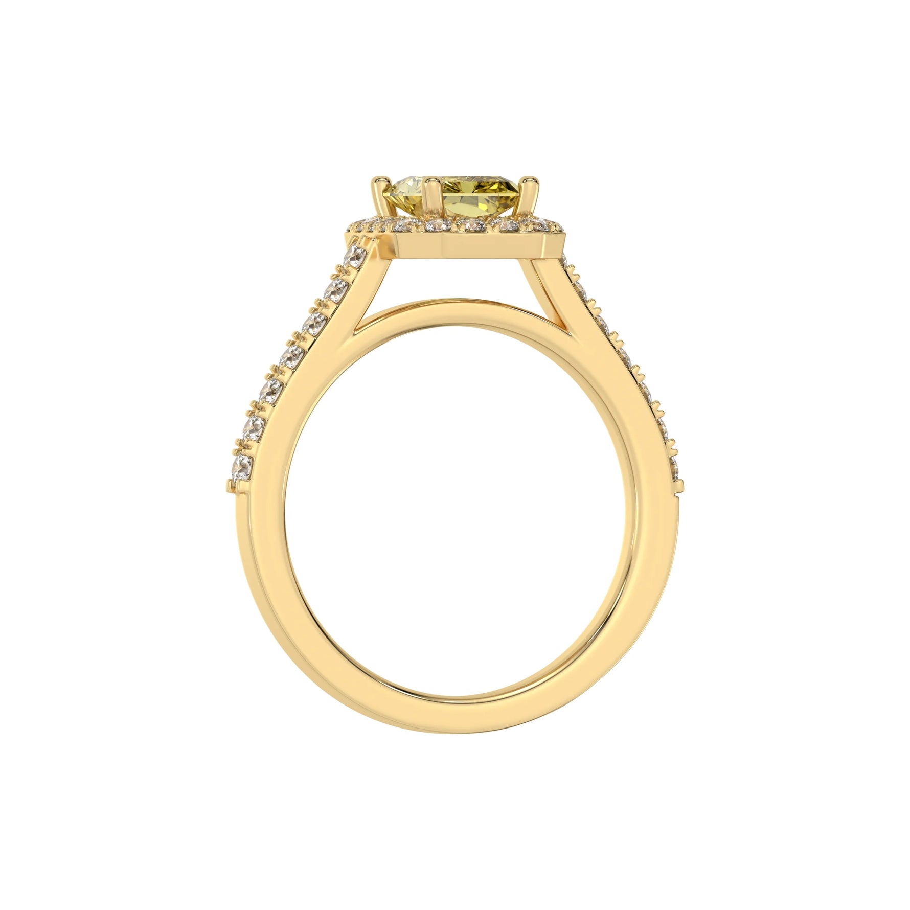 This yellow gold Radiant Diamond Halo Engagement Ring is made with a fancy yellow radiant solitaire diamond set in a four-prong setting in through finger view