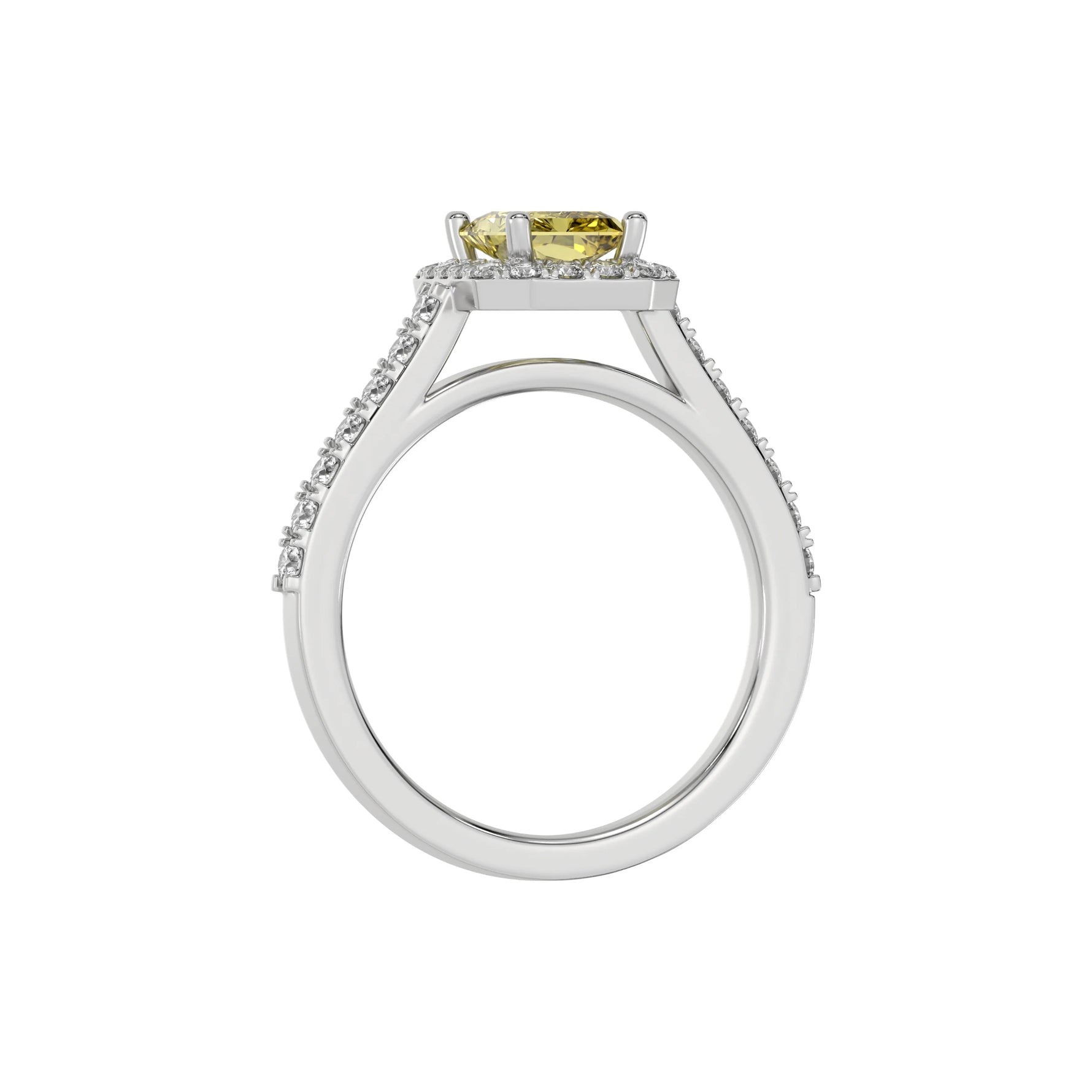 This white gold Radiant Diamond Halo Engagement Ring is made with a fancy yellow radiant solitaire diamond set in a four-prong setting in through finger view