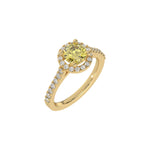 This yellow gold Round Diamond Halo Engagement Ring is made with a fancy Yellow round solitaire diamond set in a four-prong setting in 3D view