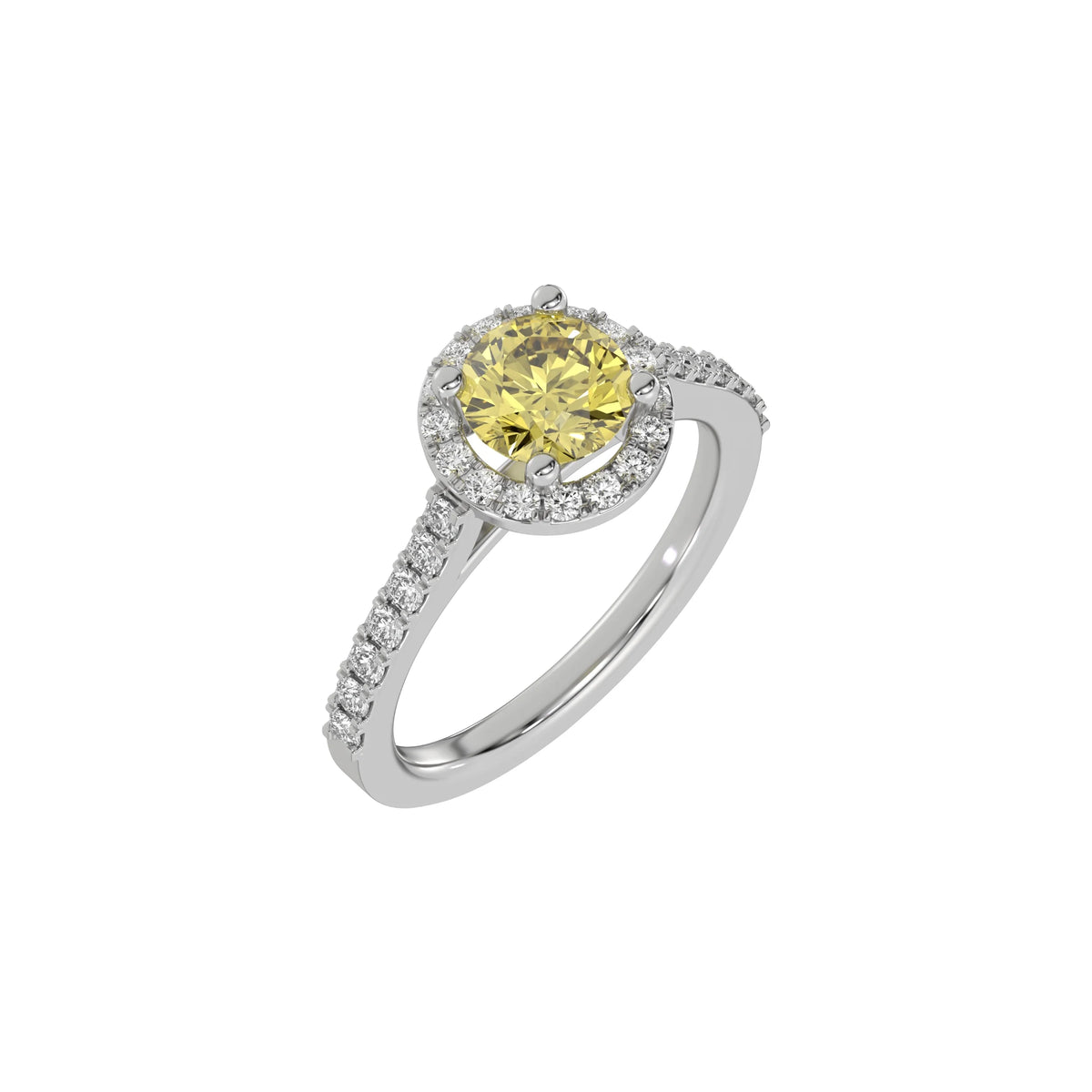 This white gold Round Diamond Halo Engagement Ring is made with a fancy Yellow round solitaire diamond set in a four-prong setting in 3D view