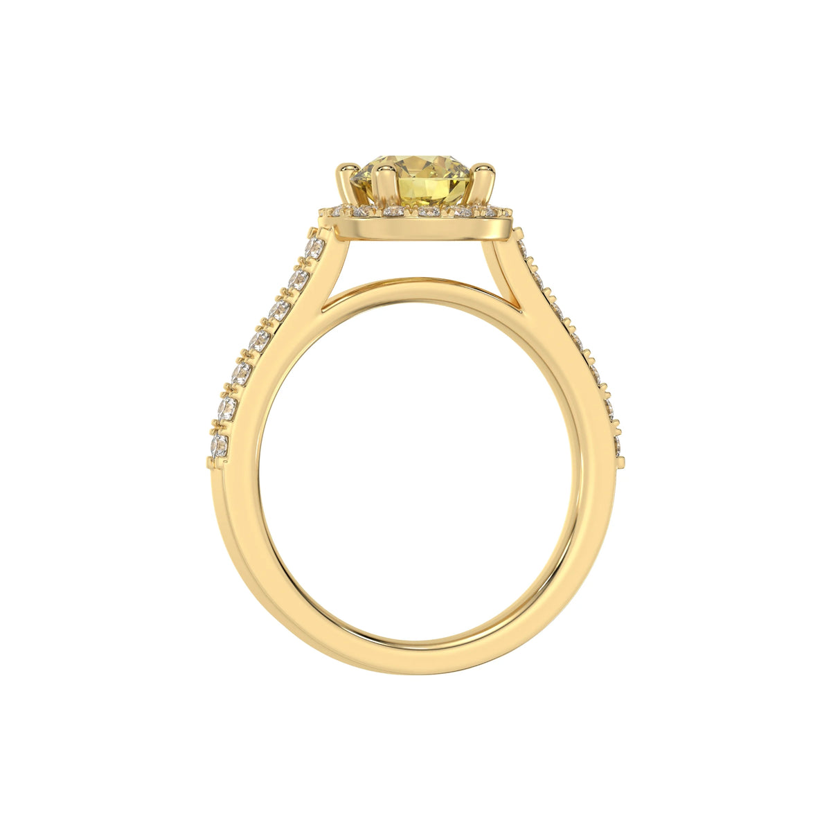 This yellow gold Round Diamond Halo Engagement Ring is made with a fancy Yellow round solitaire diamond set in a four-prong setting in through finger view