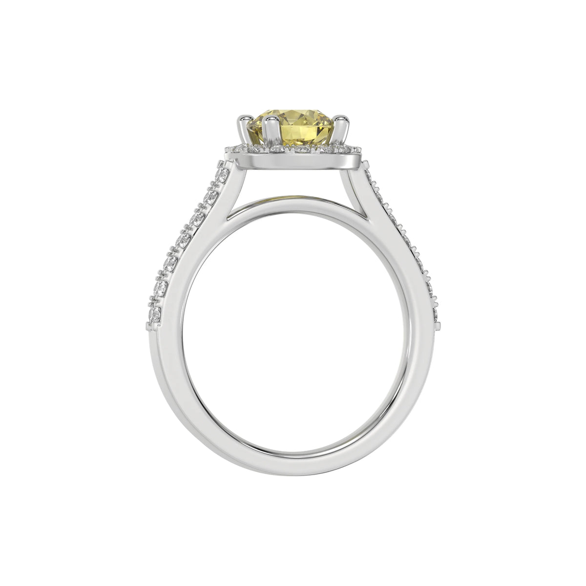 This white gold Round Diamond Halo Engagement Ring is made with a fancy Yellow round solitaire diamond set in a four-prong setting in through finger view