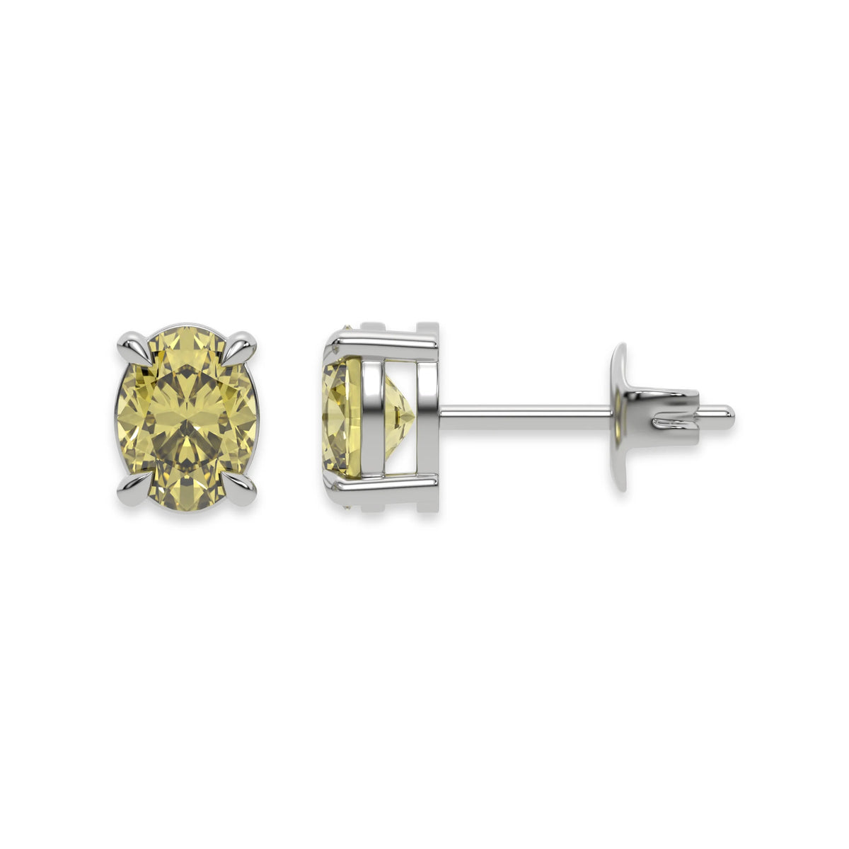 14k white gold oval diamond stud Earrings made with an fancy yellow oval cut diamond set in a four prong setting