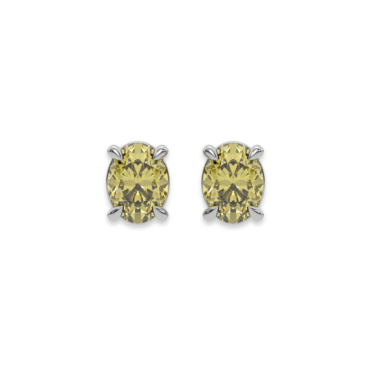 10k white gold oval diamond stud Earrings made with an fancy yellow oval cut diamond set in a four prong setting