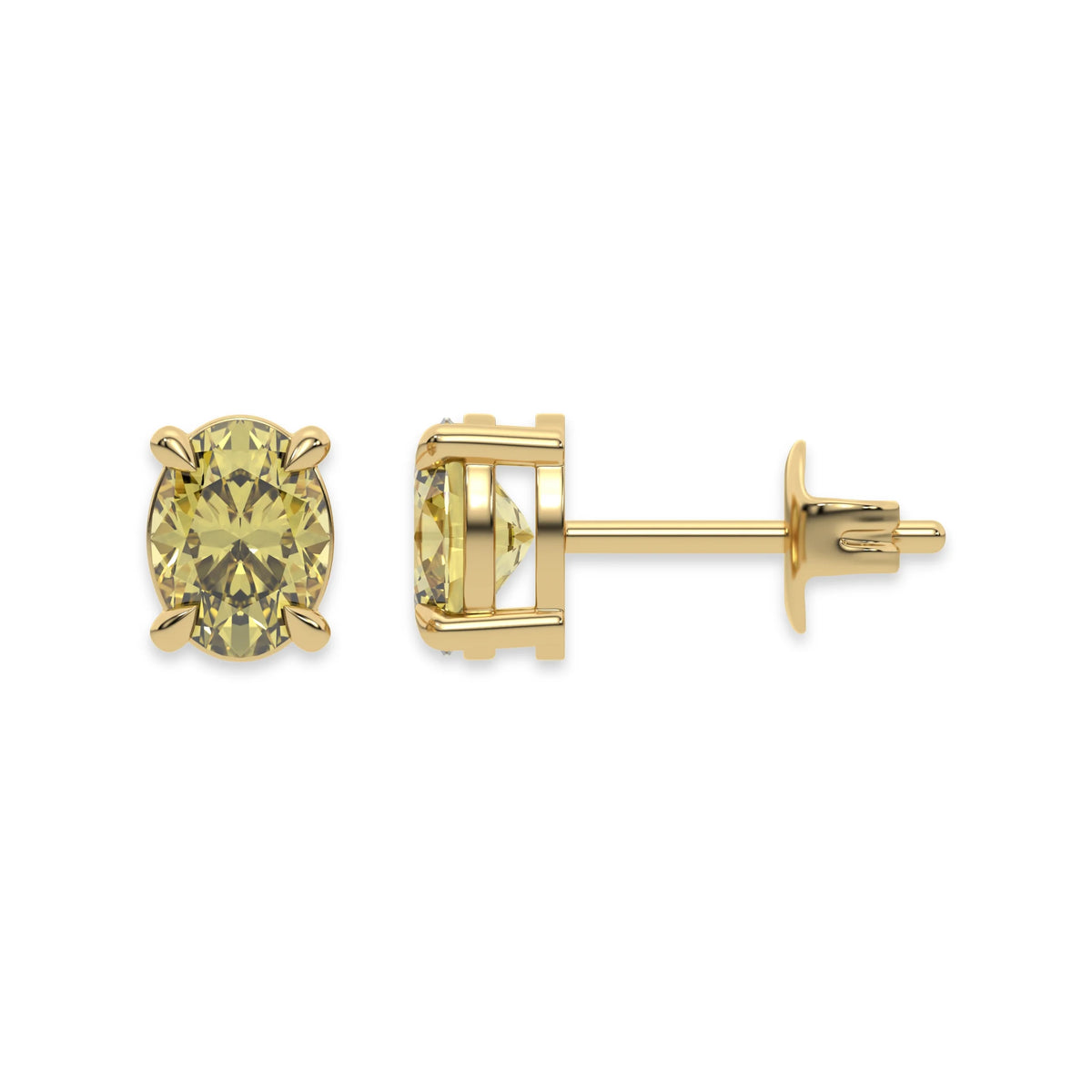 18k yellow gold oval diamond stud Earrings made with an fancy yellow oval cut diamond set in a four prong setting