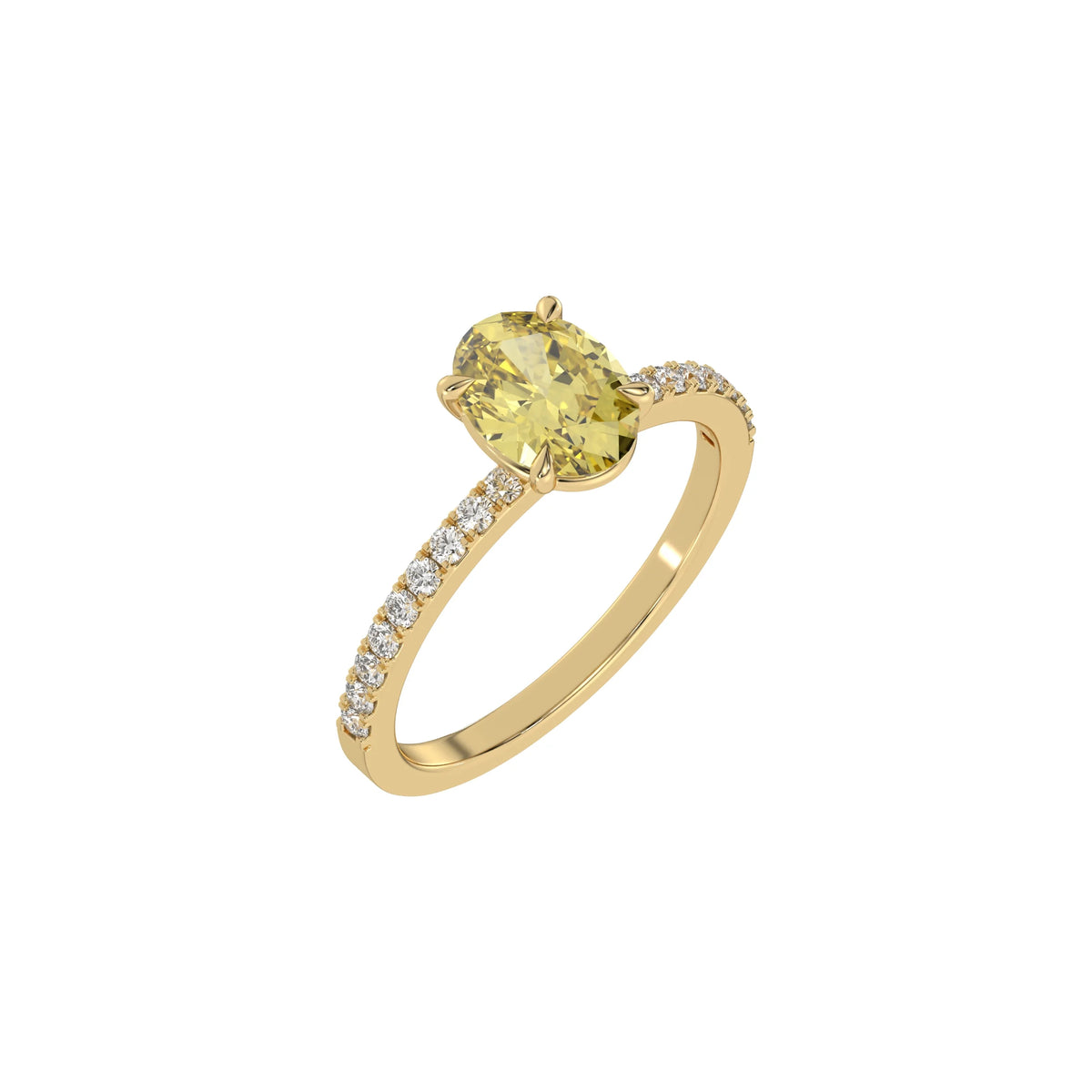 This yellow gold ring is made with an fancy Yellow oval solitaire diamond set in four-prong setting, and is complemented by a round pave diamonds band in 3D view