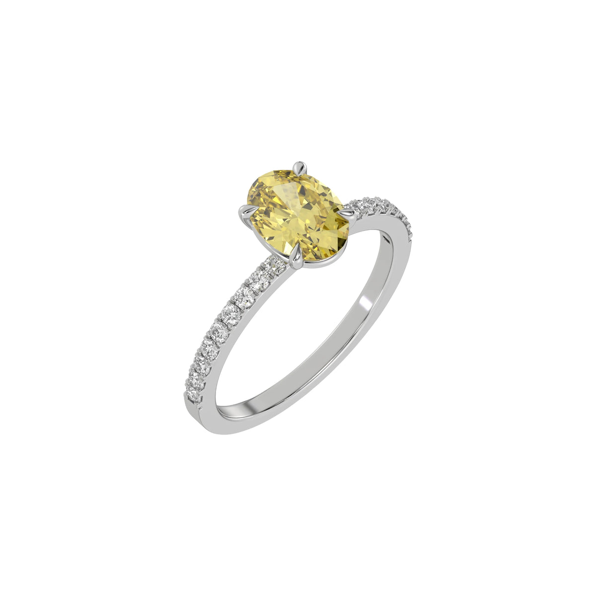 This white gold ring is made with an fancy Yellow oval solitaire diamond set in four-prong setting, and is complemented by a round pave diamonds band in 3D view