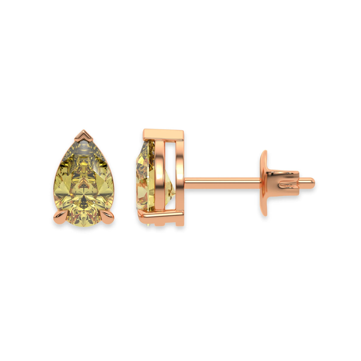 18k rose gold Pear shaped diamond Earrings made with a fancy yellow pear shaped diamond set in a four prong setting