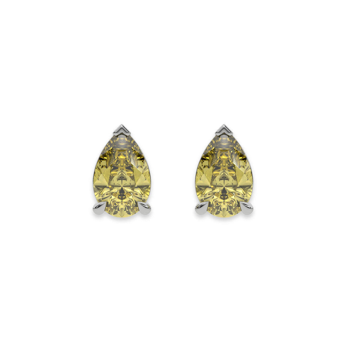 10k white gold Pear shaped diamond Earrings made with a fancy yellow pear shaped diamond set in a four prong setting