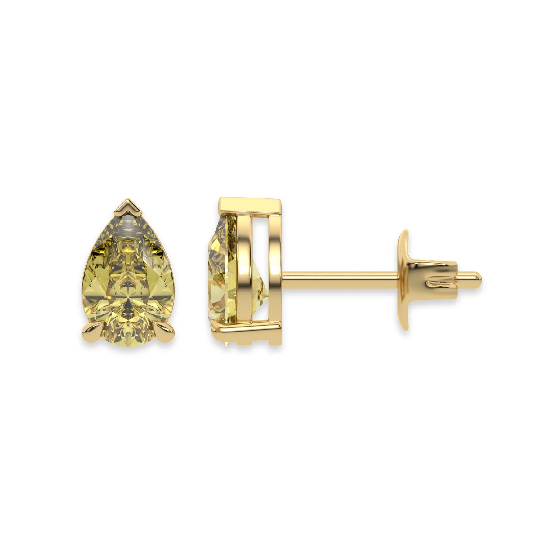 This yellow gold Classic Pear Diamond Earrings made with a fancy yellow pear-cut diamonds set in a four prong setting in top view and side view