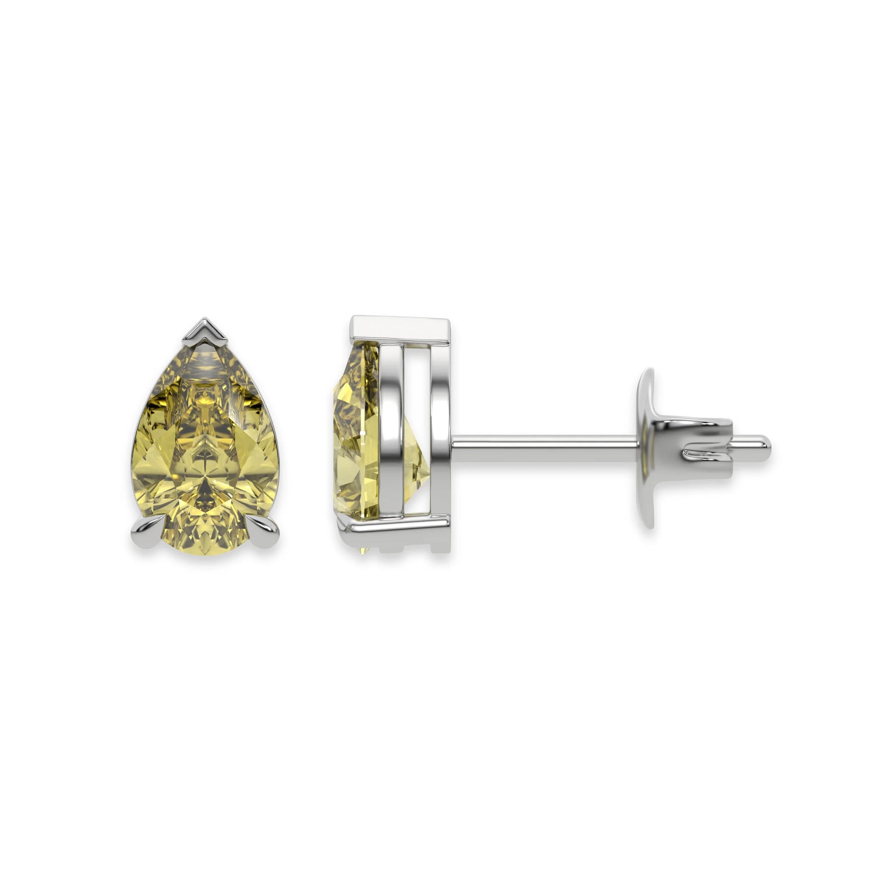 This white gold Classic Pear Diamond Earrings made with a fancy yellow pear-cut diamonds set in a four prong setting in top view and side view