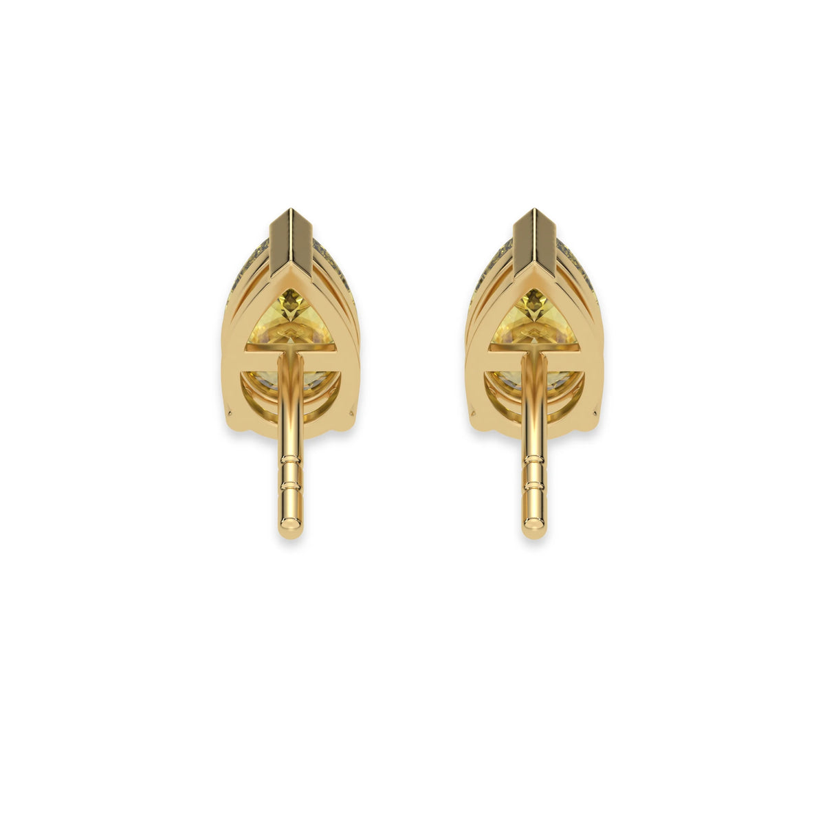 This yellow gold Classic Pear Diamond Earrings made with a fancy yellow pear-cut diamonds set in a four prong setting in back view