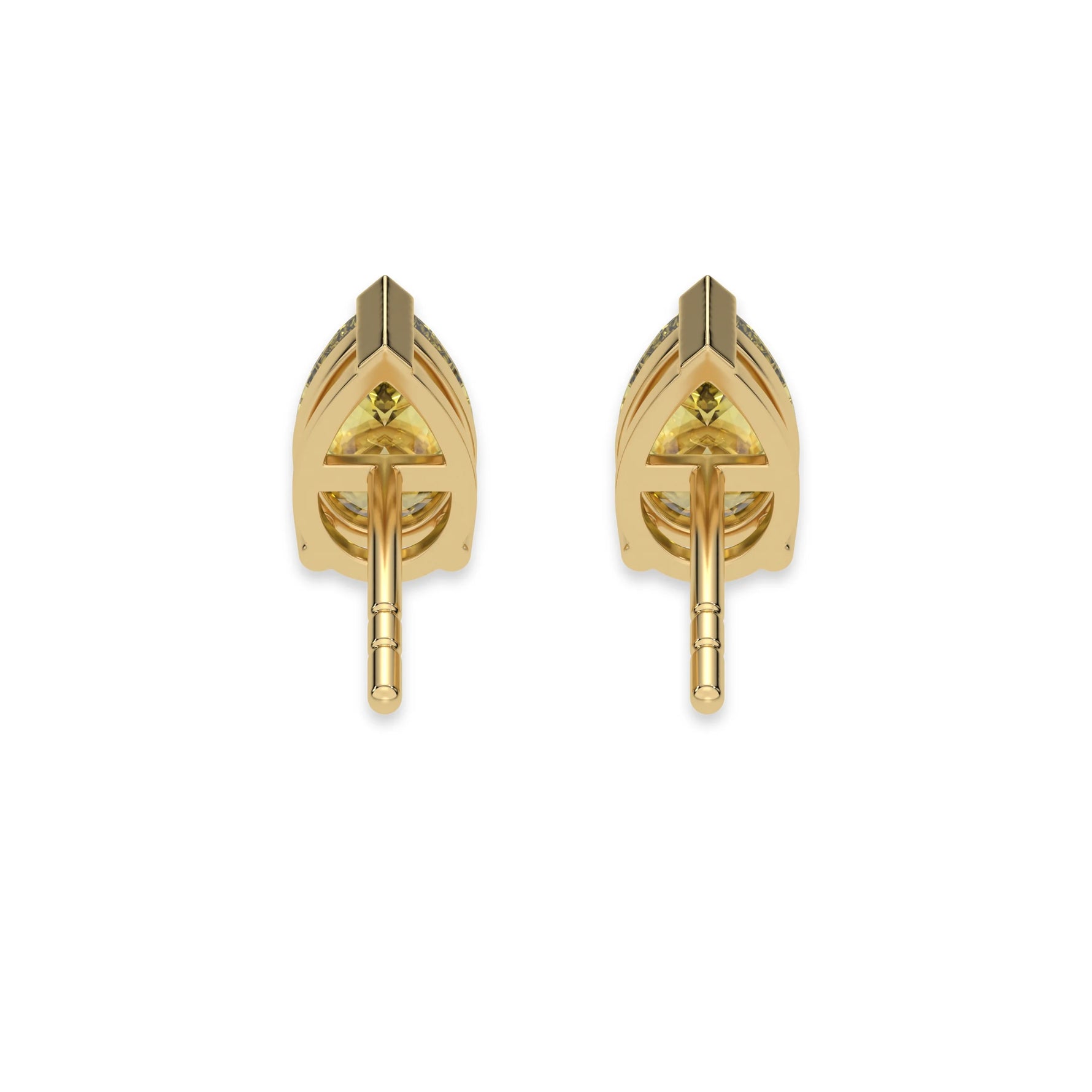 This yellow gold Classic Pear Diamond Earrings made with a fancy yellow pear-cut diamonds set in a four prong setting in back view