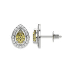 18k white gold Pear Diamond Halo Earrings made with a fancy yellow pear cut solitaire diamonds set in a four prong setting.