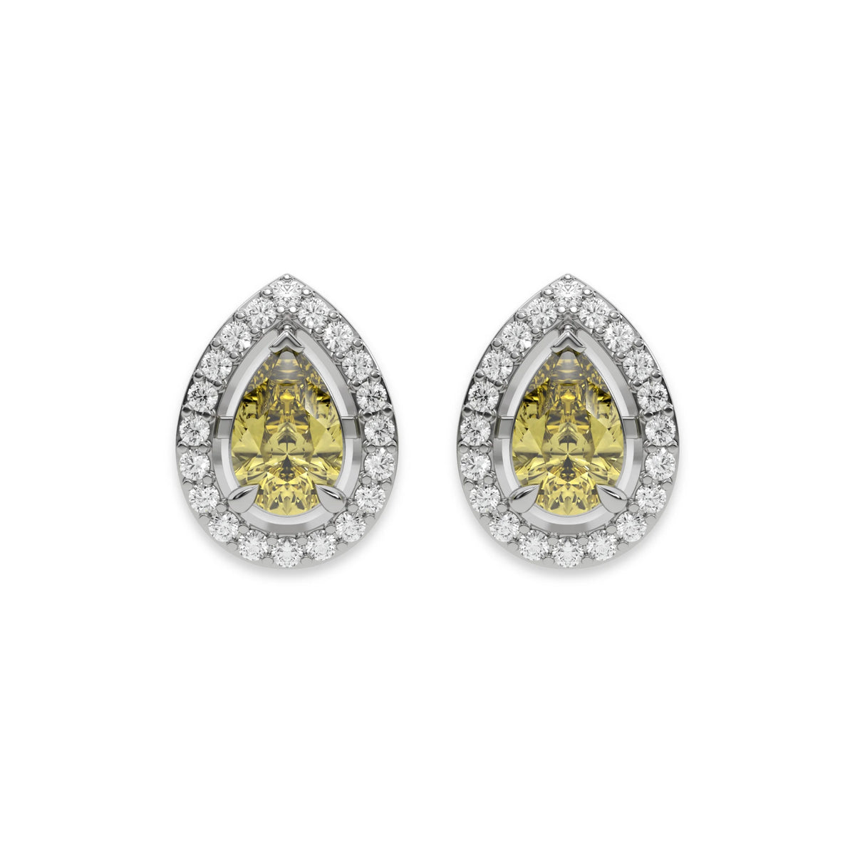 10k white gold Pear Diamond Halo Earrings made with a fancy yellow pear cut solitaire diamonds set in a four prong setting.