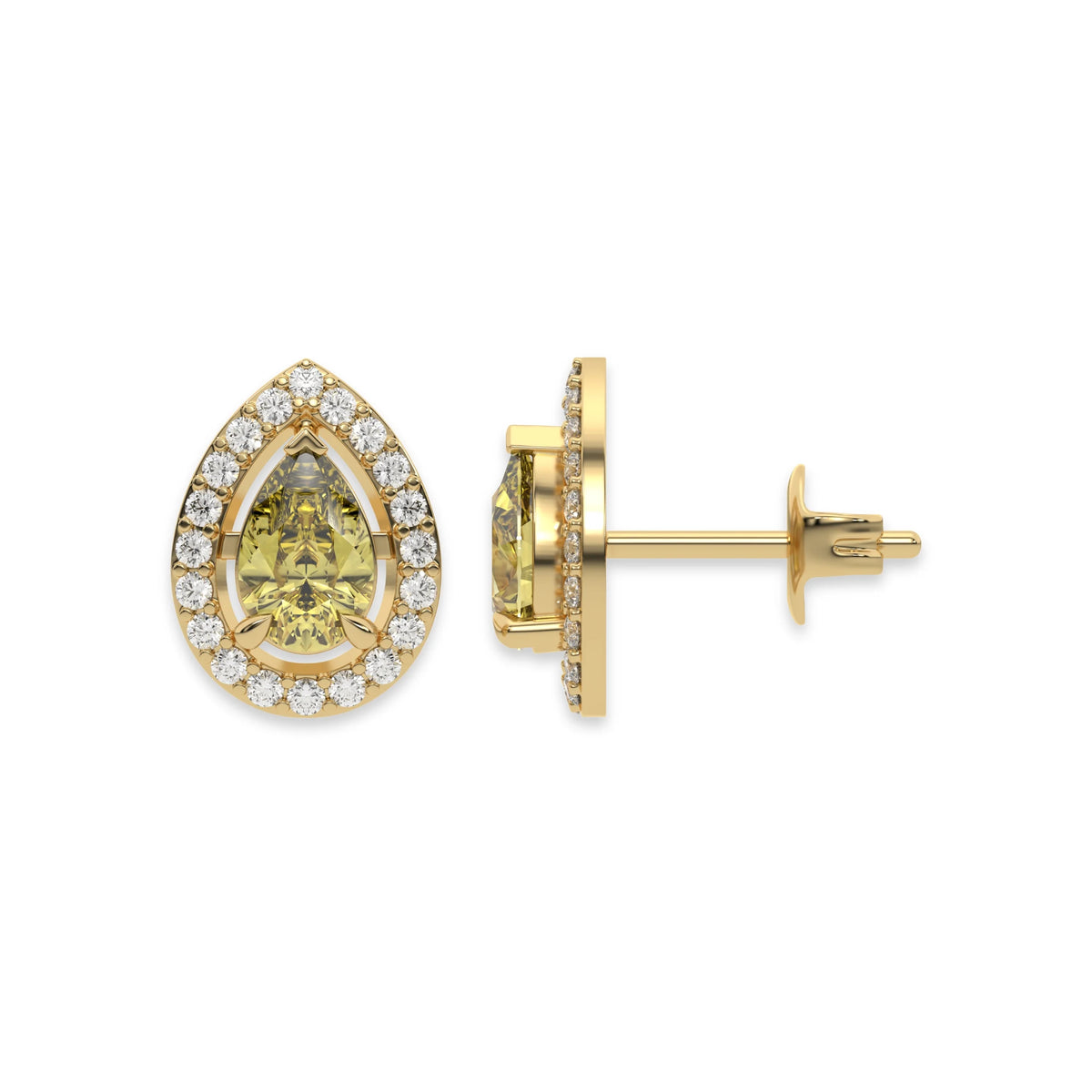 18k yellow gold Pear Diamond Halo Earrings made with a fancy yellow pear cut solitaire diamonds set in a four prong setting.
