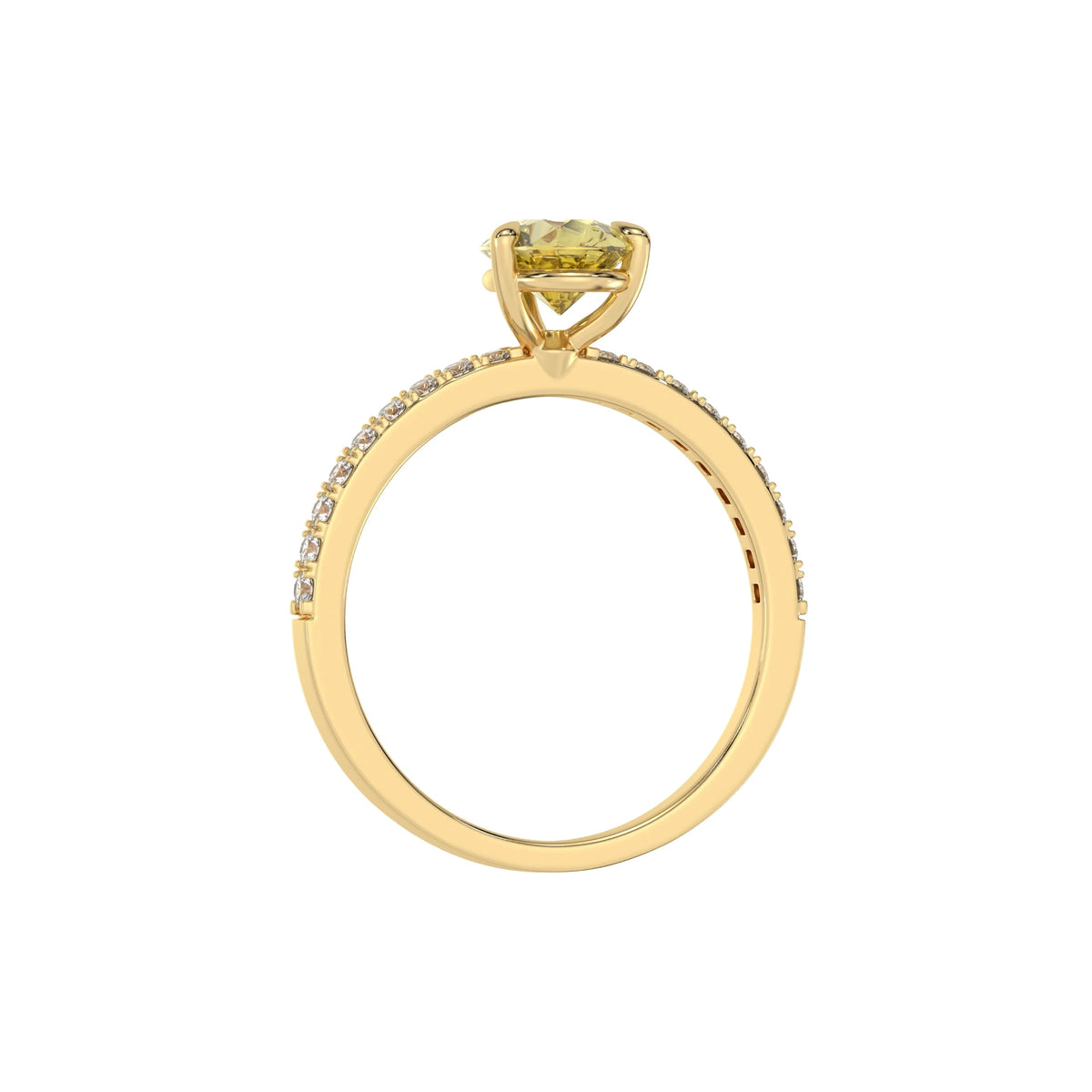 This yellow gold ring is made with a fancy Yellow pear solitaire diamond set in three-prong setting, and is complemented by a round pave diamonds band in through finger view