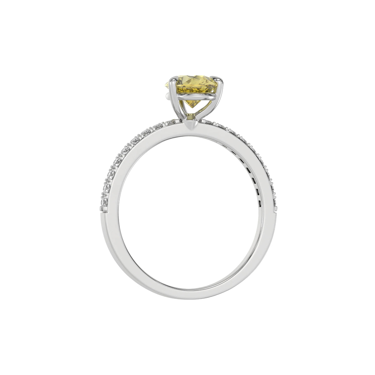 This white gold ring is made with a fancy Yellow pear solitaire diamond set in three-prong setting, and is complemented by a round pave diamonds band in through finger view