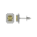 18k white gold Radiant Diamond Halo Earrings made with a fancy yellow radiant cut solitaire diamonds set in a four prong setting