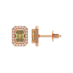18k rose gold Radiant Diamond Halo Earrings made with a fancy yellow radiant cut solitaire diamonds set in a four prong setting