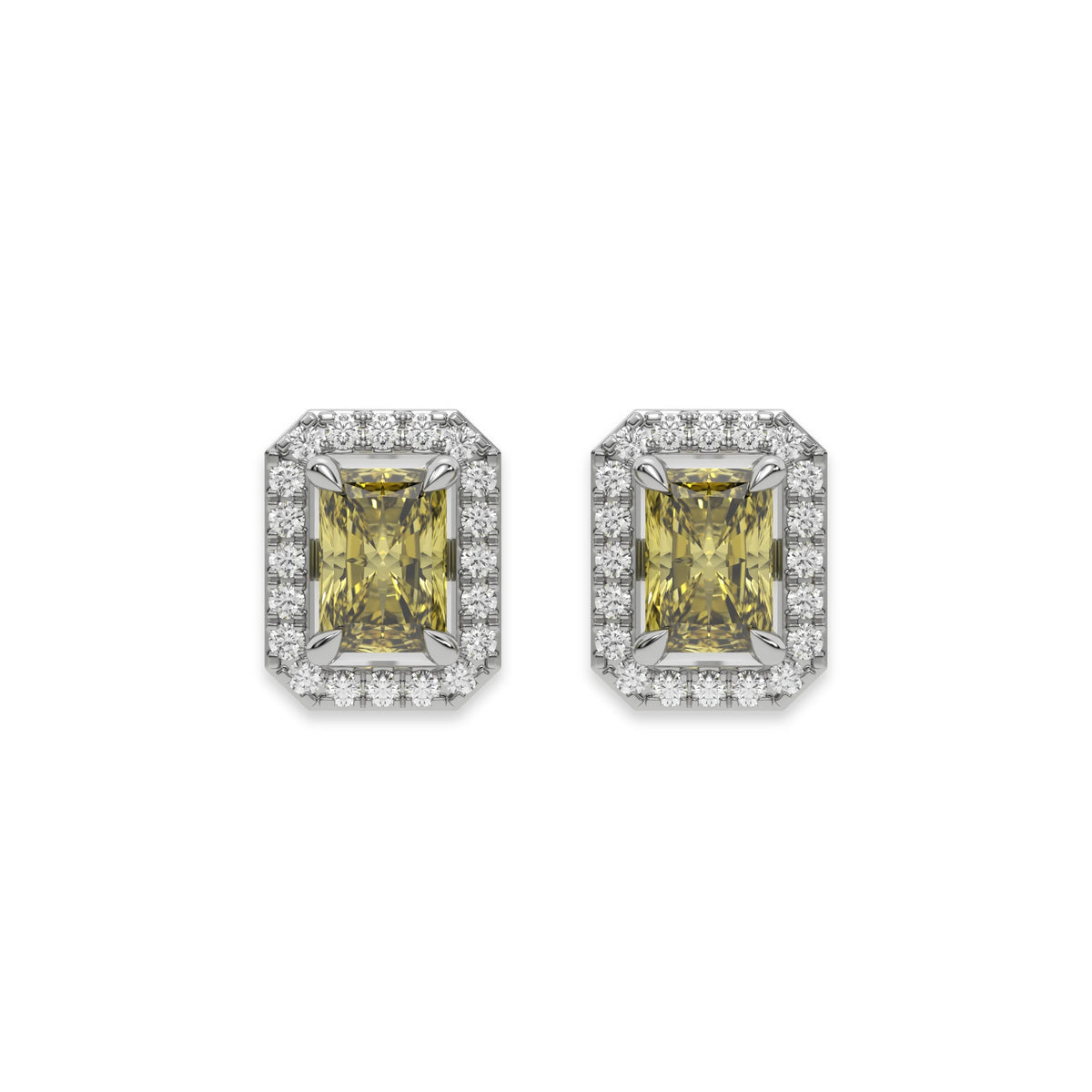 14k White gold Radiant Diamond Halo Earrings made with a fancy yellow radiant cut solitaire diamonds set in a four prong setting