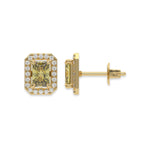14k yellow gold Radiant Diamond Halo Earrings made with a fancy yellow radiant cut solitaire diamonds set in a four prong setting