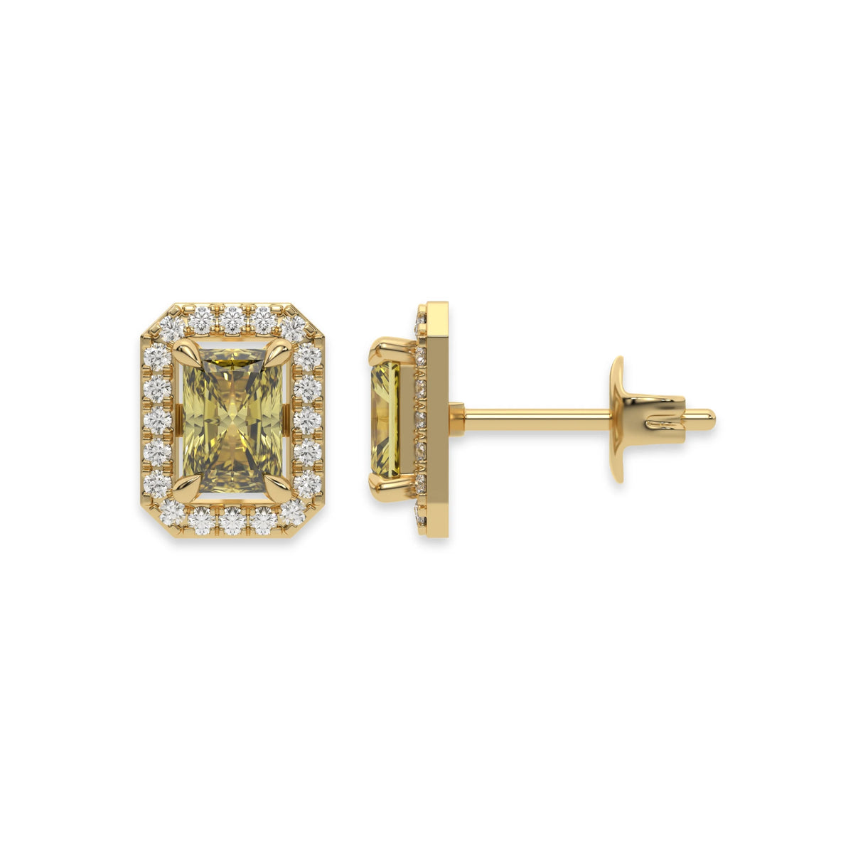14k yellow gold Radiant Diamond Halo Earrings made with a fancy yellow radiant cut solitaire diamonds set in a four prong setting