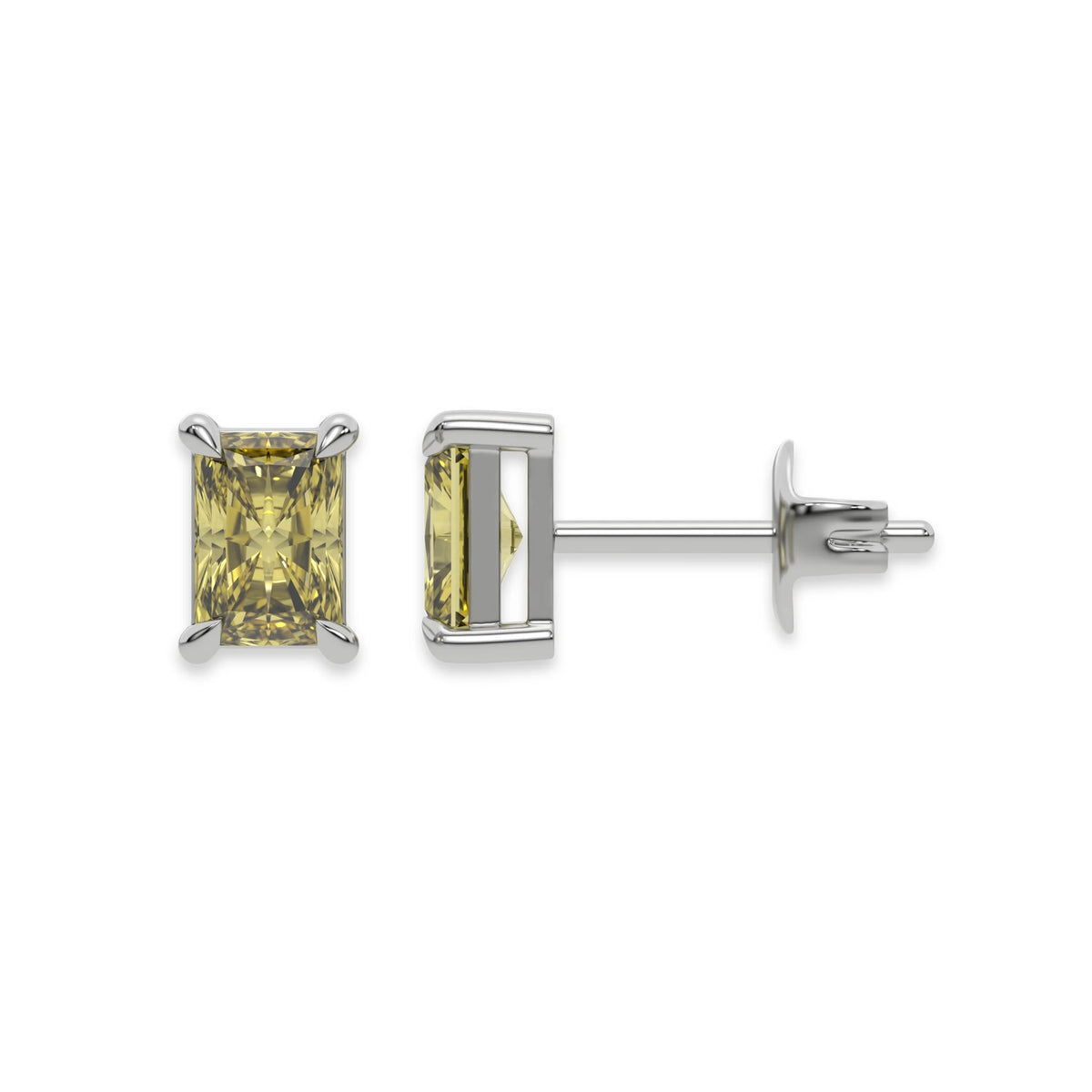 14k white gold Radiant Diamond Earrings made with a fancy yellow radiant cut diamond set in a four prong setting