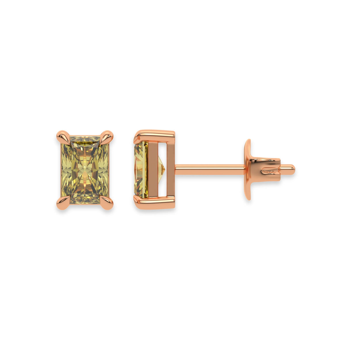 18k rose gold Radiant Diamond Earrings made with a fancy yellow radiant cut diamond set in a four prong setting