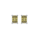 18k white gold Radiant Diamond Earrings made with a fancy yellow radiant cut diamond set in a four prong setting