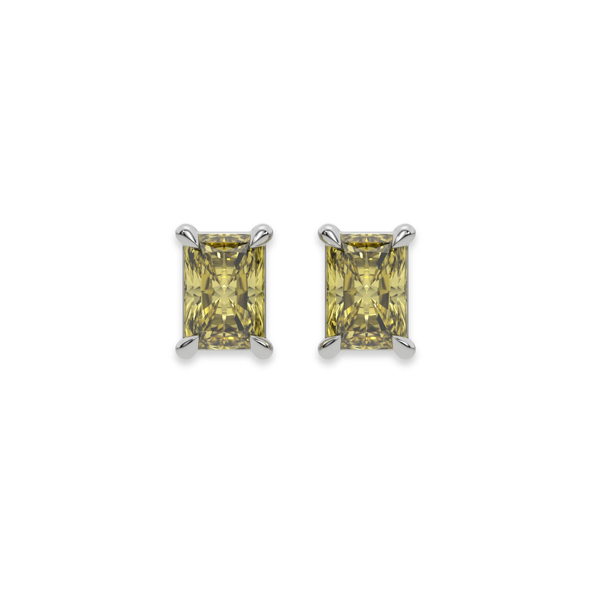18k white gold Radiant Diamond Earrings made with a fancy yellow radiant cut diamond set in a four prong setting