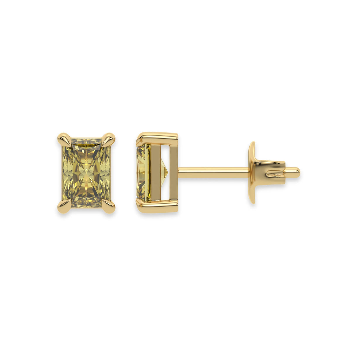 14k Yellow gold Radiant Diamond Earrings made with a fancy yellow radiant cut diamond set in a four prong setting