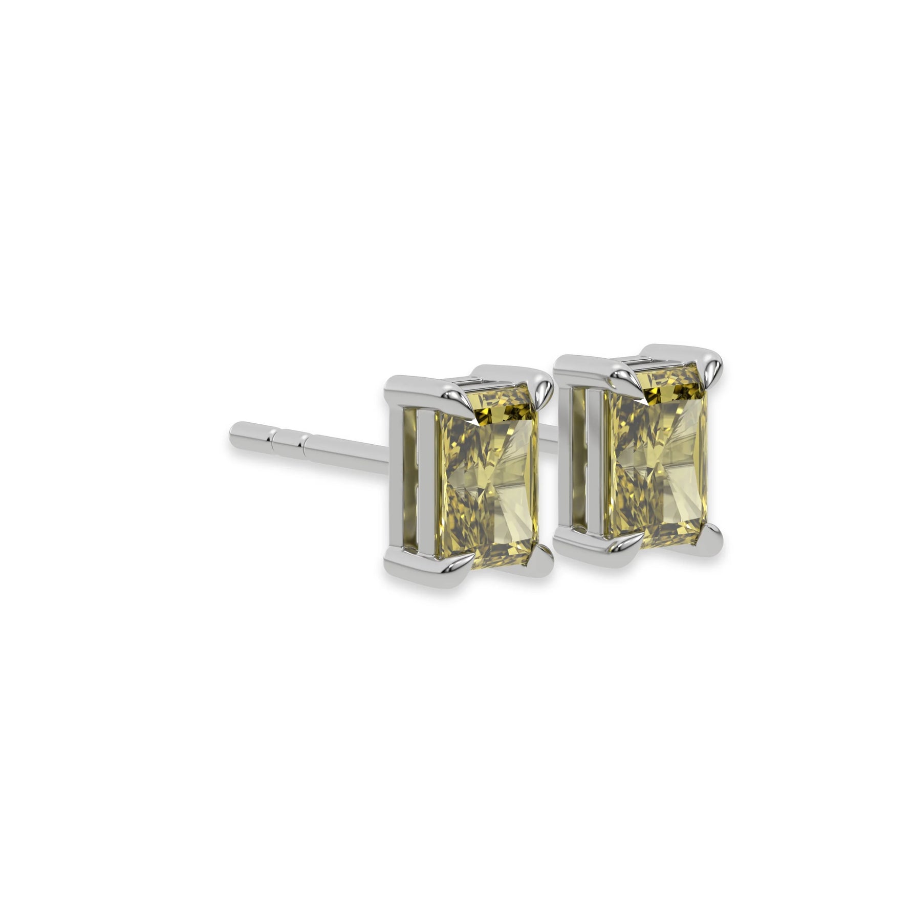 This white gold Classic Radiant Diamond Earrings made with a fancy yellow radiant-cut diamonds set in a four prong setting in side view