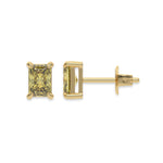 This yellow gold Classic Radiant Diamond Earrings made with a fancy yellow radiant-cut diamonds set in a four prong setting in top view and side view