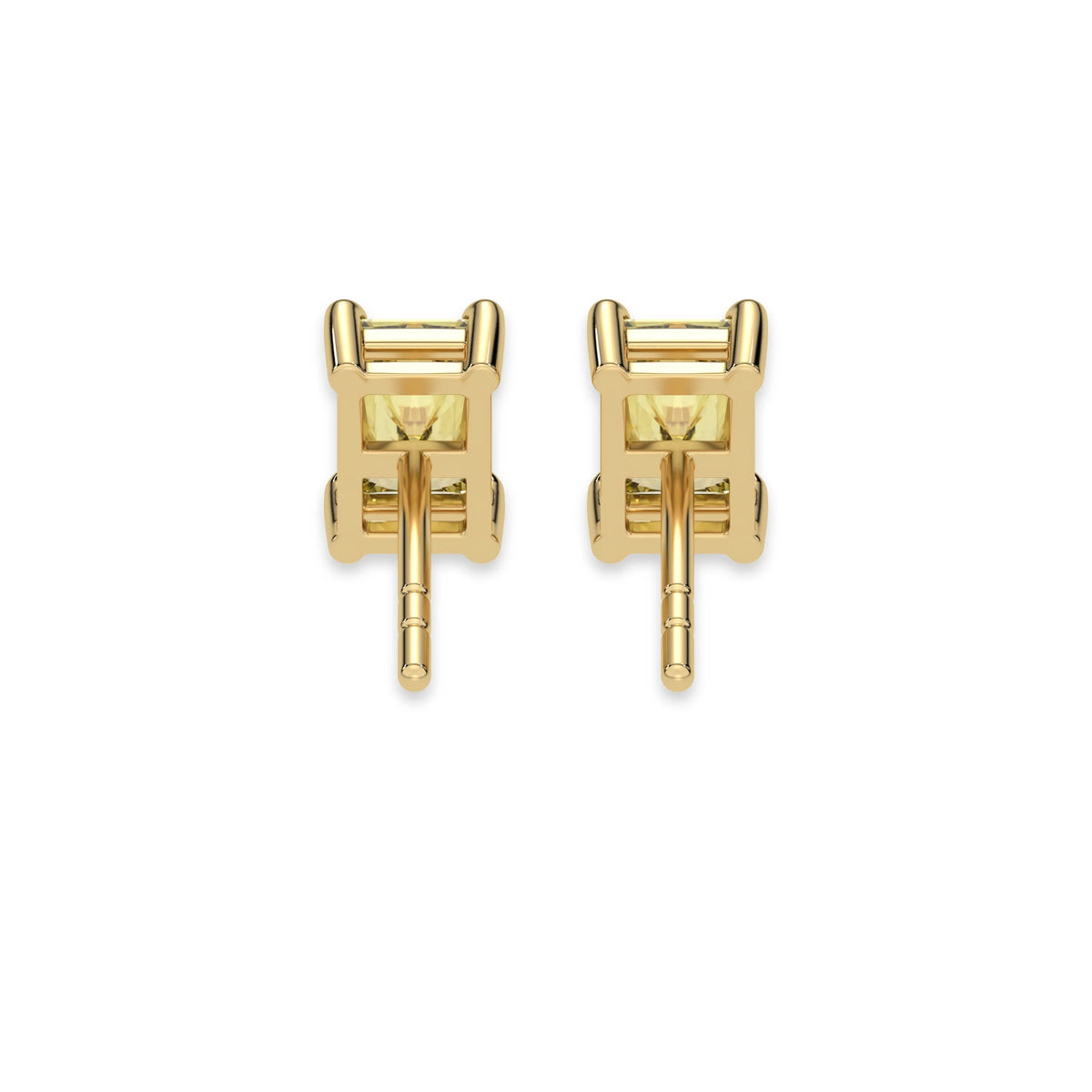 This yellow gold Classic Radiant Diamond Earrings made with a fancy yellow radiant-cut diamonds set in a four prong setting in back view