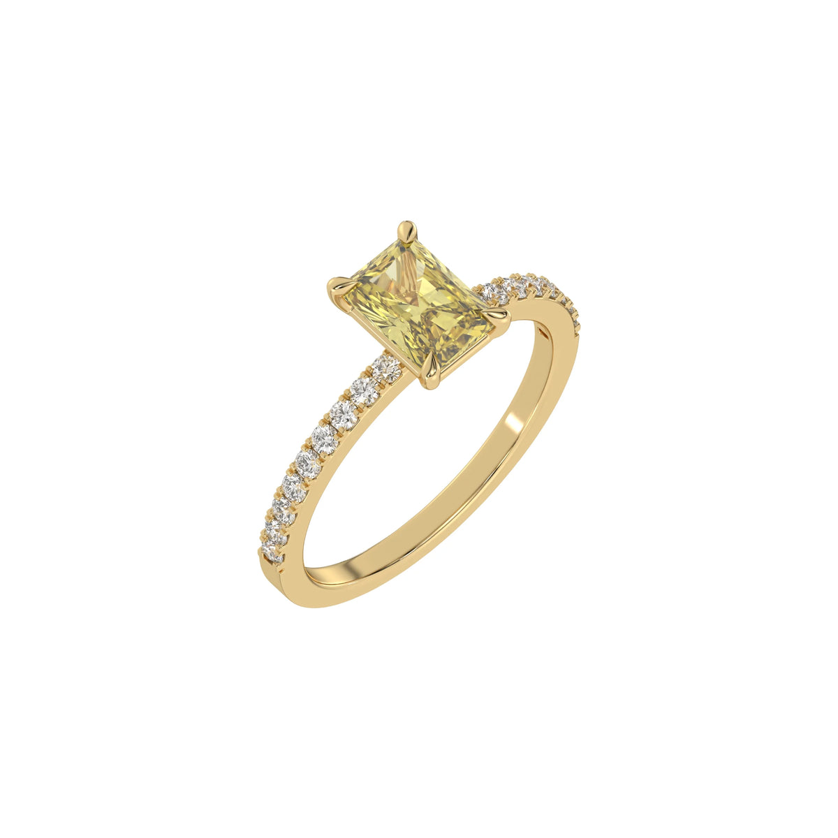 This yellow gold ring displayed in 3d view is made with a radiant solitaire diamond set in four-prong setting