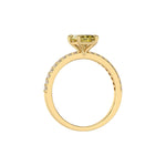 This yellow gold ring displayed in through finger view is made with a radiant solitaire diamond set in four-prong setting