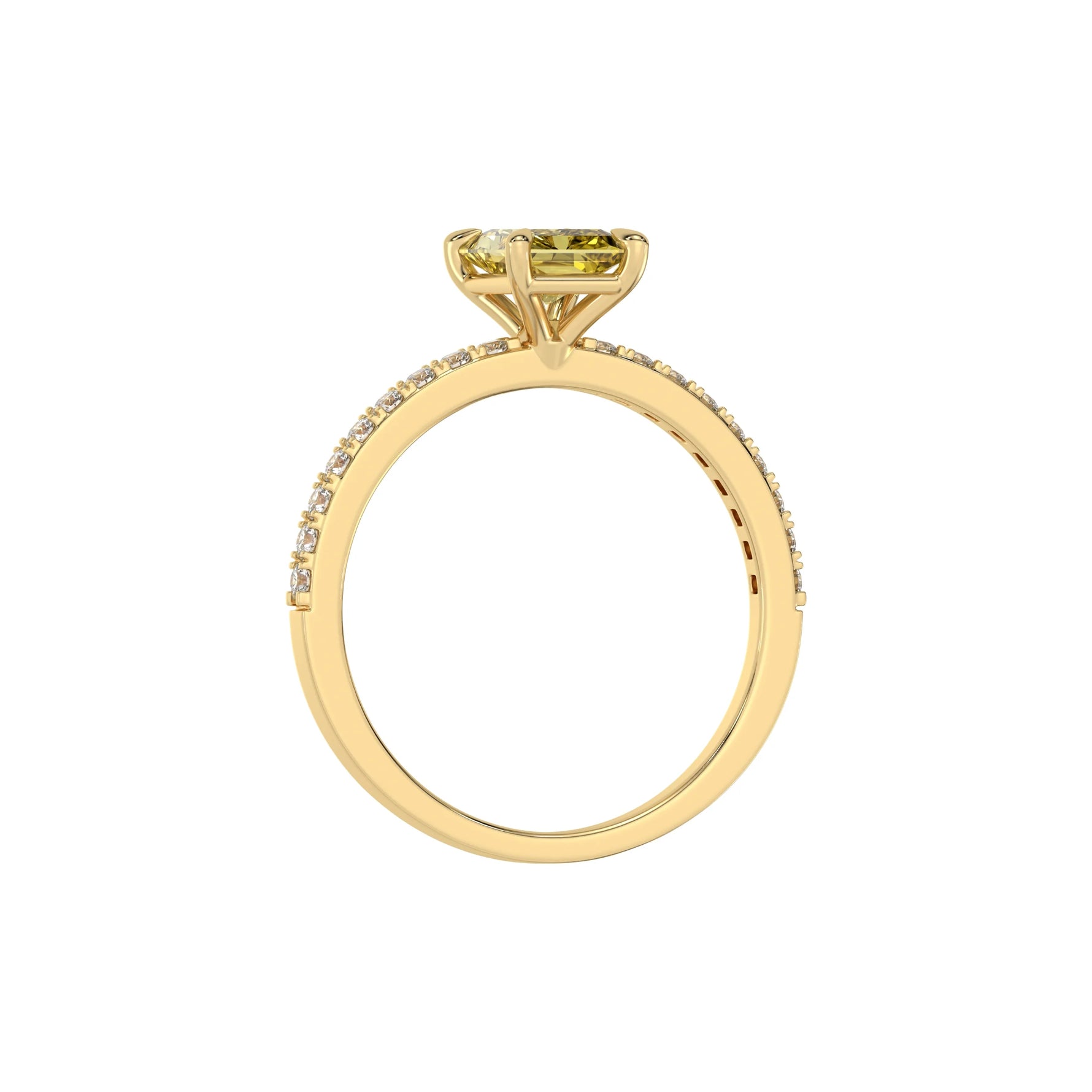 This yellow gold ring displayed in through finger view is made with a radiant solitaire diamond set in four-prong setting