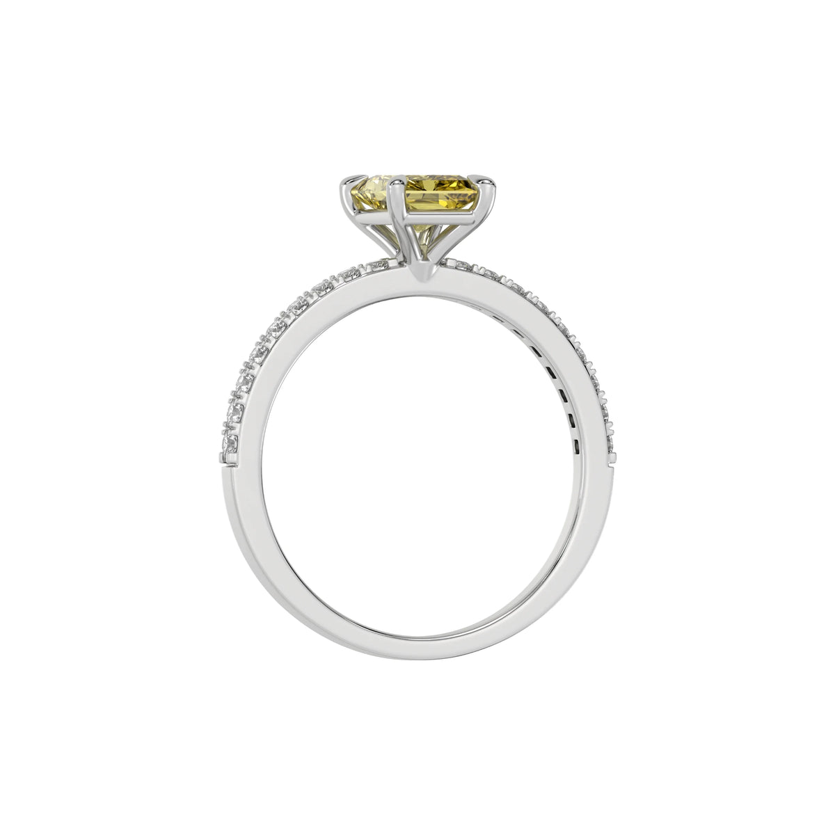 This white gold ring displayed in through finger view is made with a radiant solitaire diamond set in four-prong setting